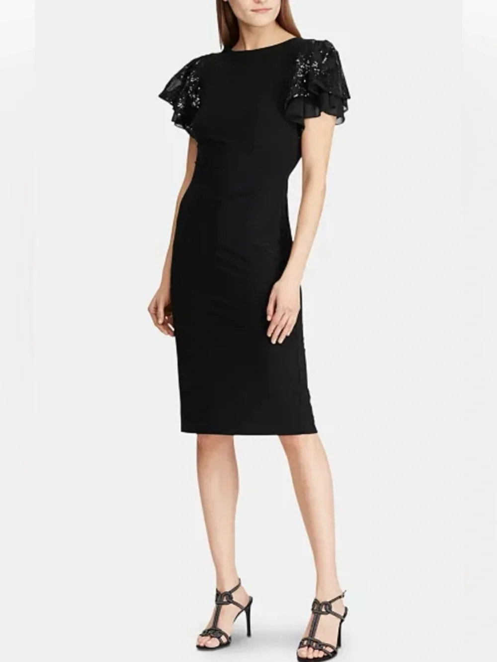 Ralph Lauren Black Flutter Sleeve Lace Detail Sheath Cocktail Dress Party Macy’s - Picture 1 of 4